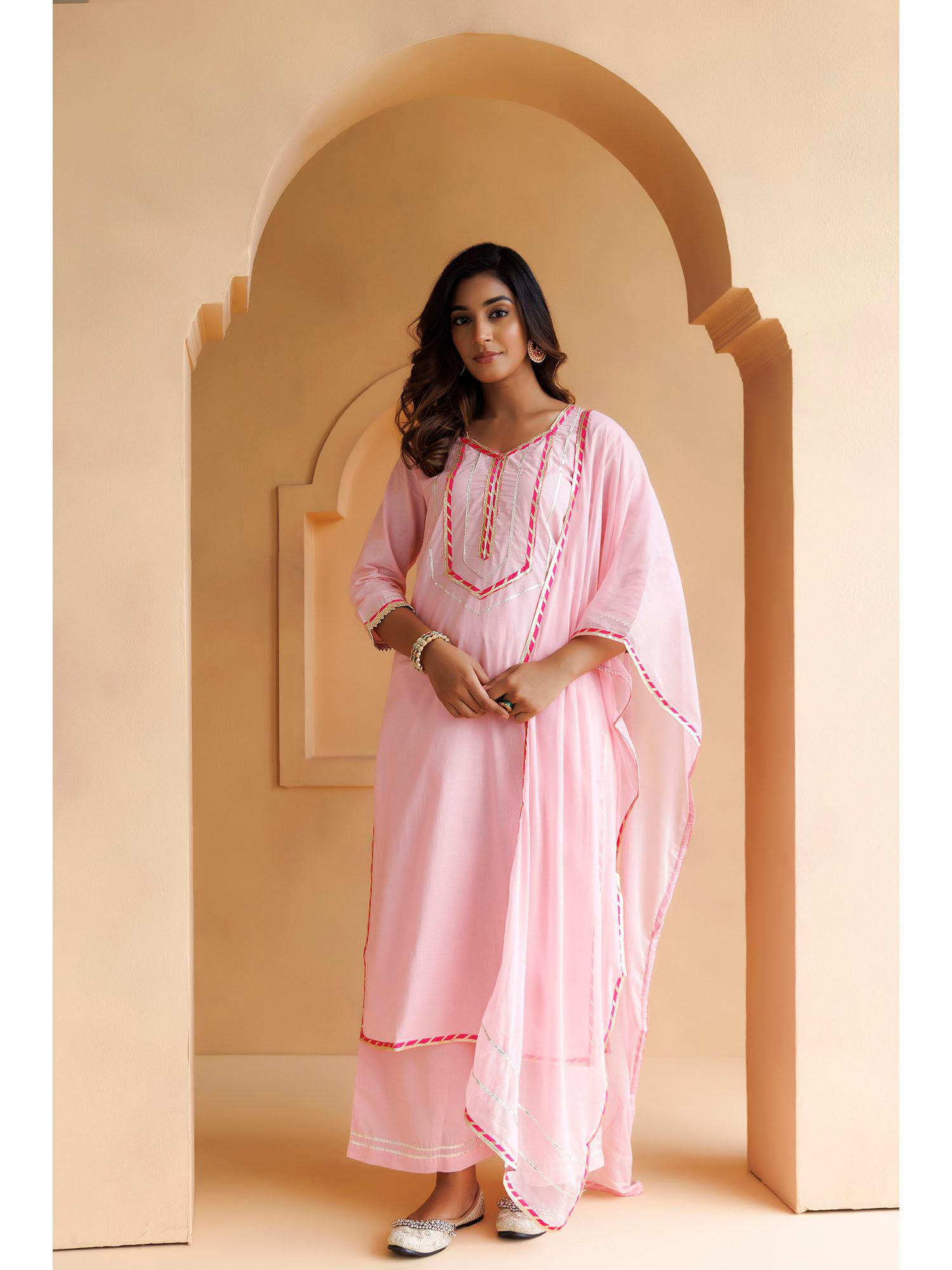 pink handcrafted straight cotton kurta with pant and dupatta (set of 3)