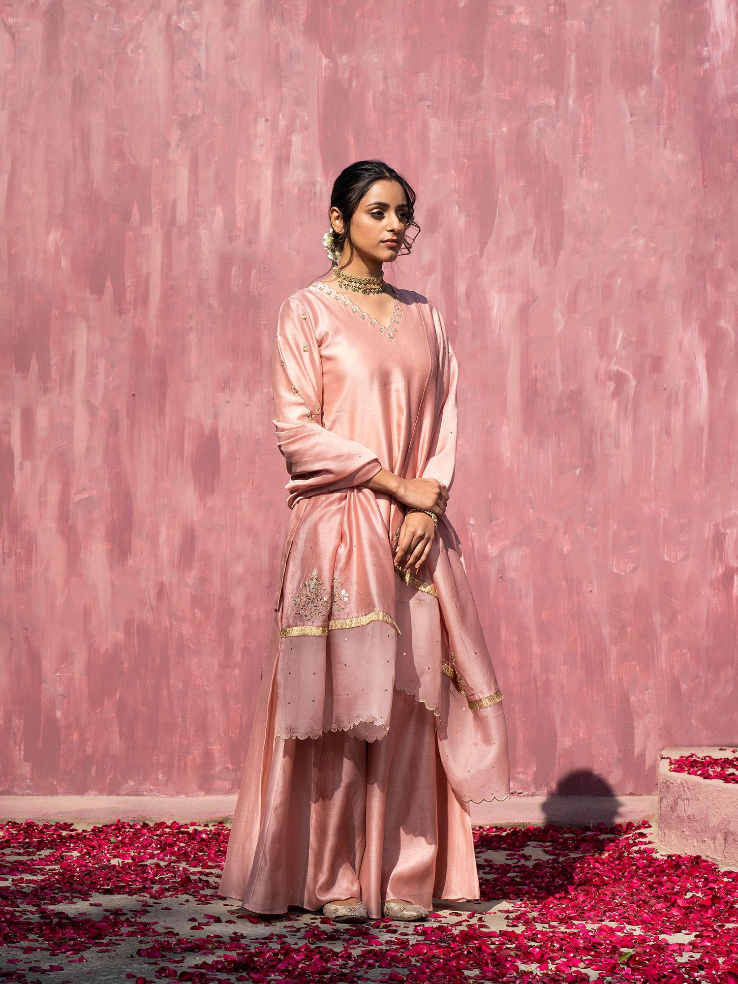 pink handloom chanderi silk gota patti scalloped sharara with dupatta (set of 3)