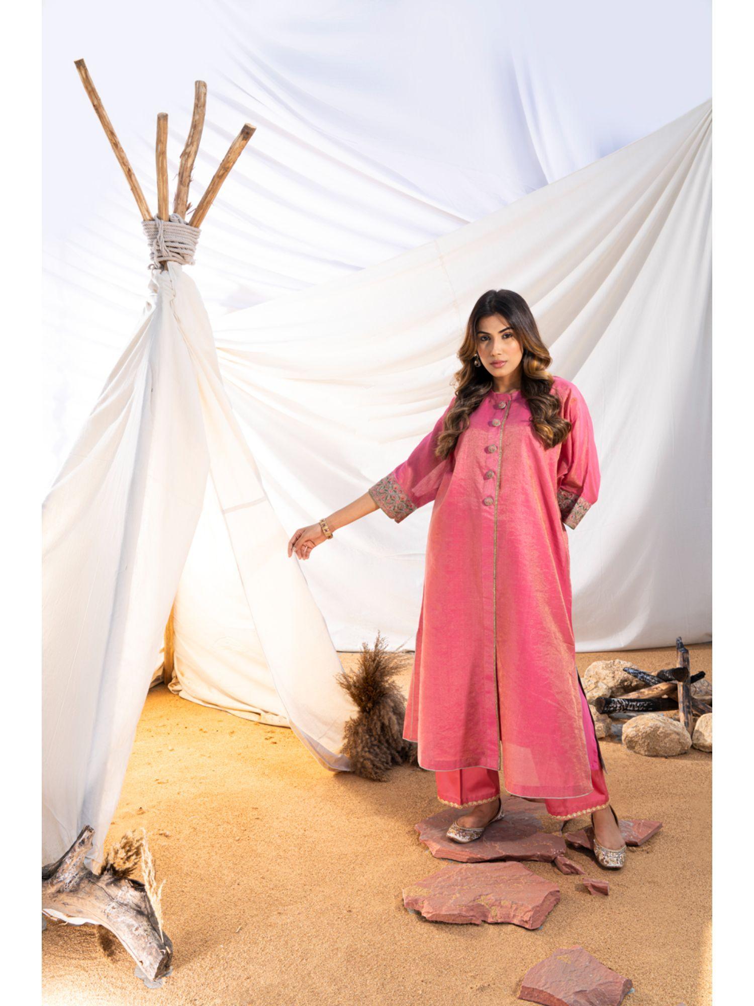 pink handloom zari embroidered kurta with pant & inner (set of 3)