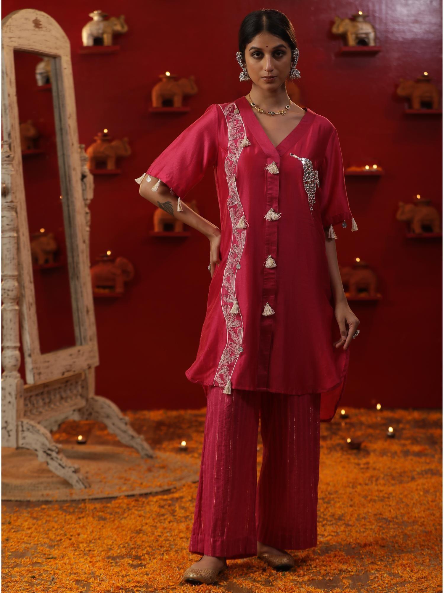 pink handpainted brajnari kurta with pant (set of 2)