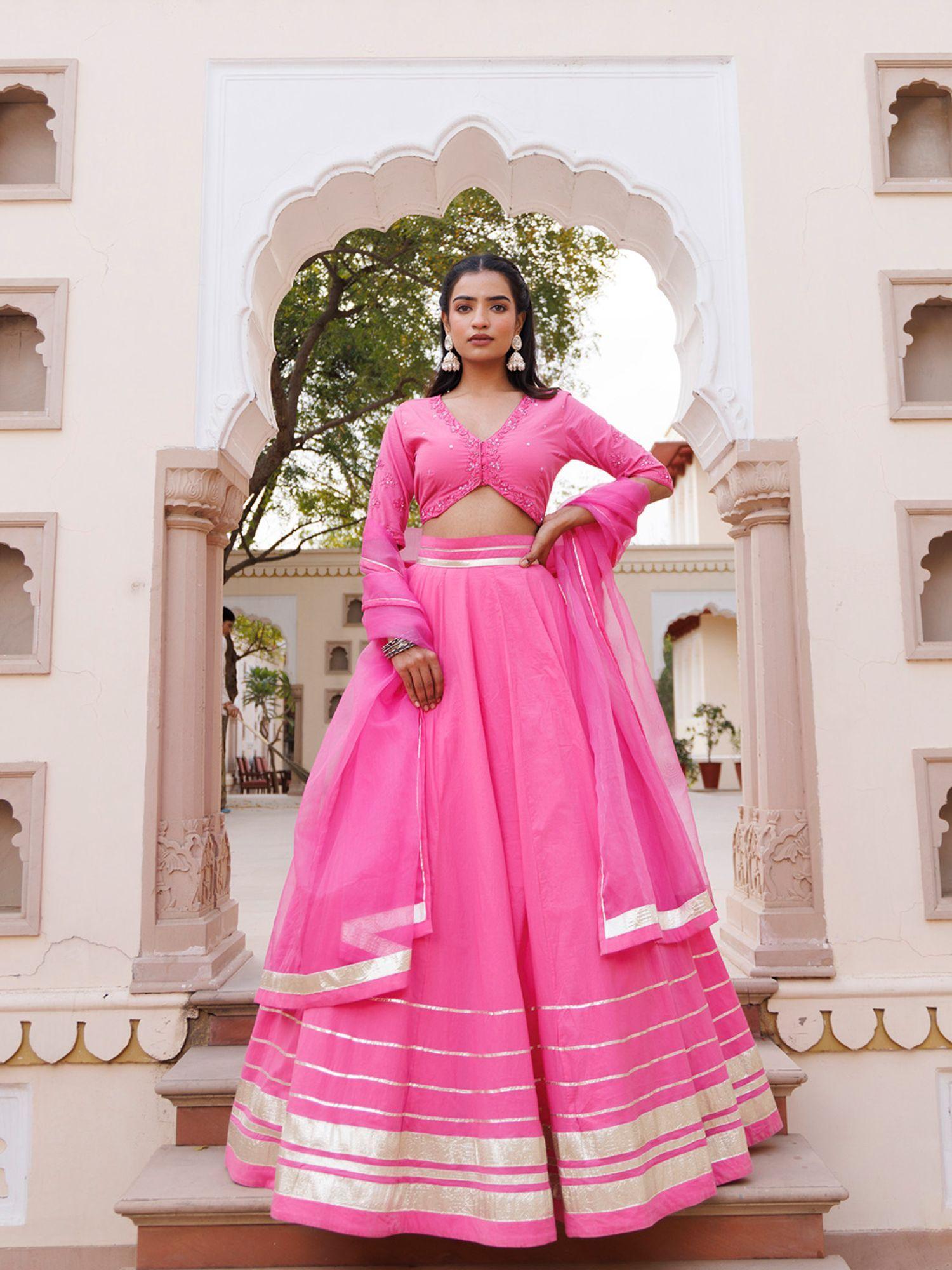 pink handwork cotton choli with lehenga & dupatta (set of 3)