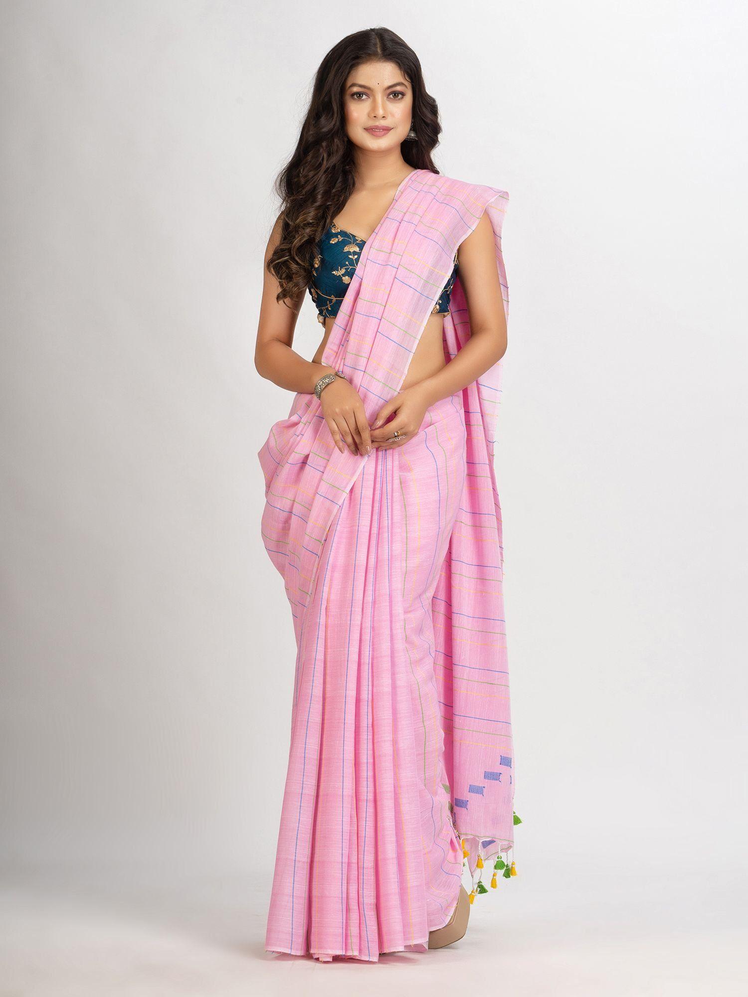 pink handwoven cotton jamdani handloom saree with unstitched blouse