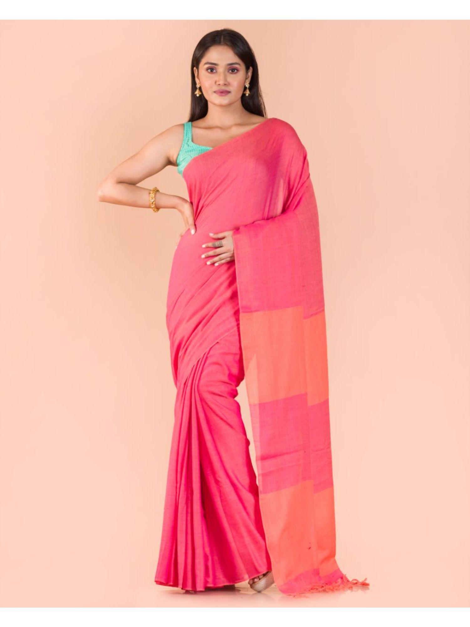 pink handwoven cotton saree with unstitched blouse