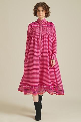 pink handwoven jamdani cotton gathered dress