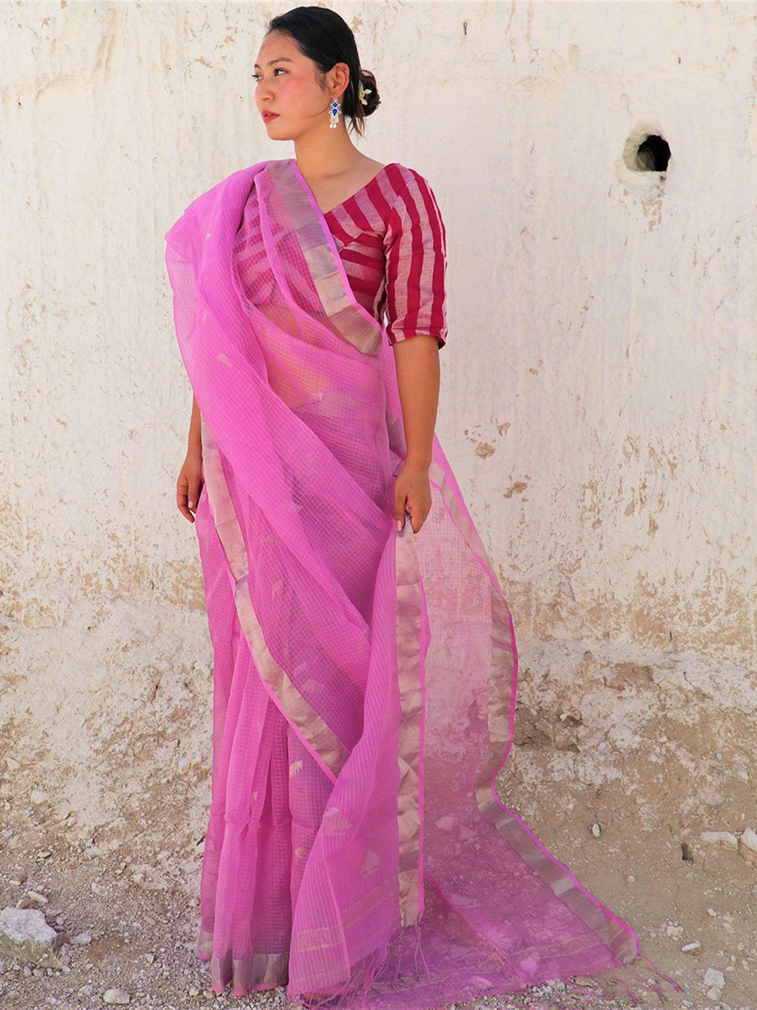 pink handwoven jamdani silk saree with unstitched blouse