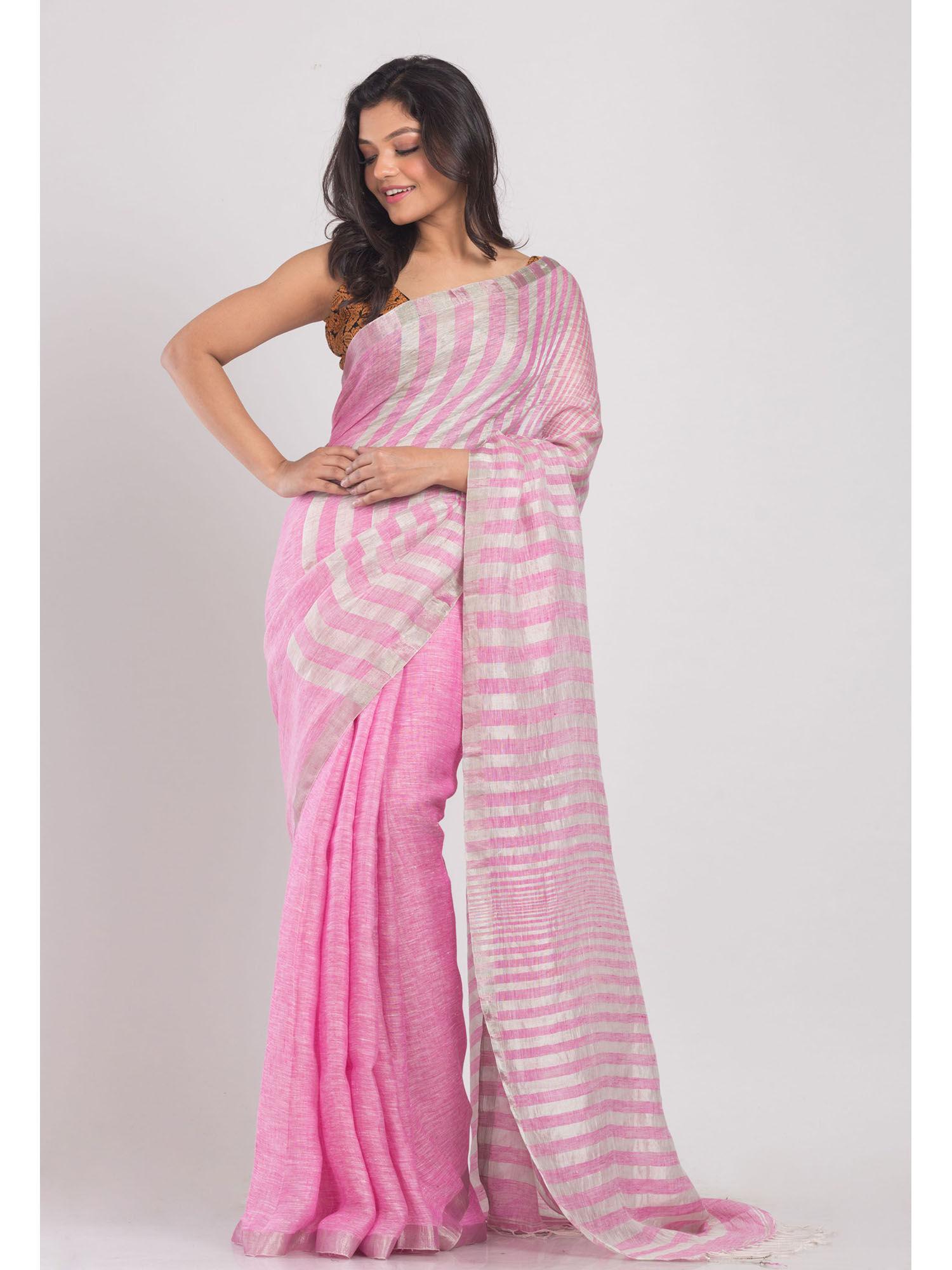 pink handwoven linen saree with unstitched blouse