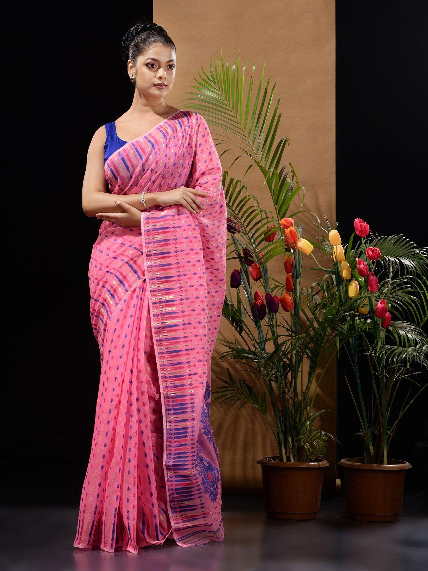 pink handwoven saree with woven buttas & ethnic designs