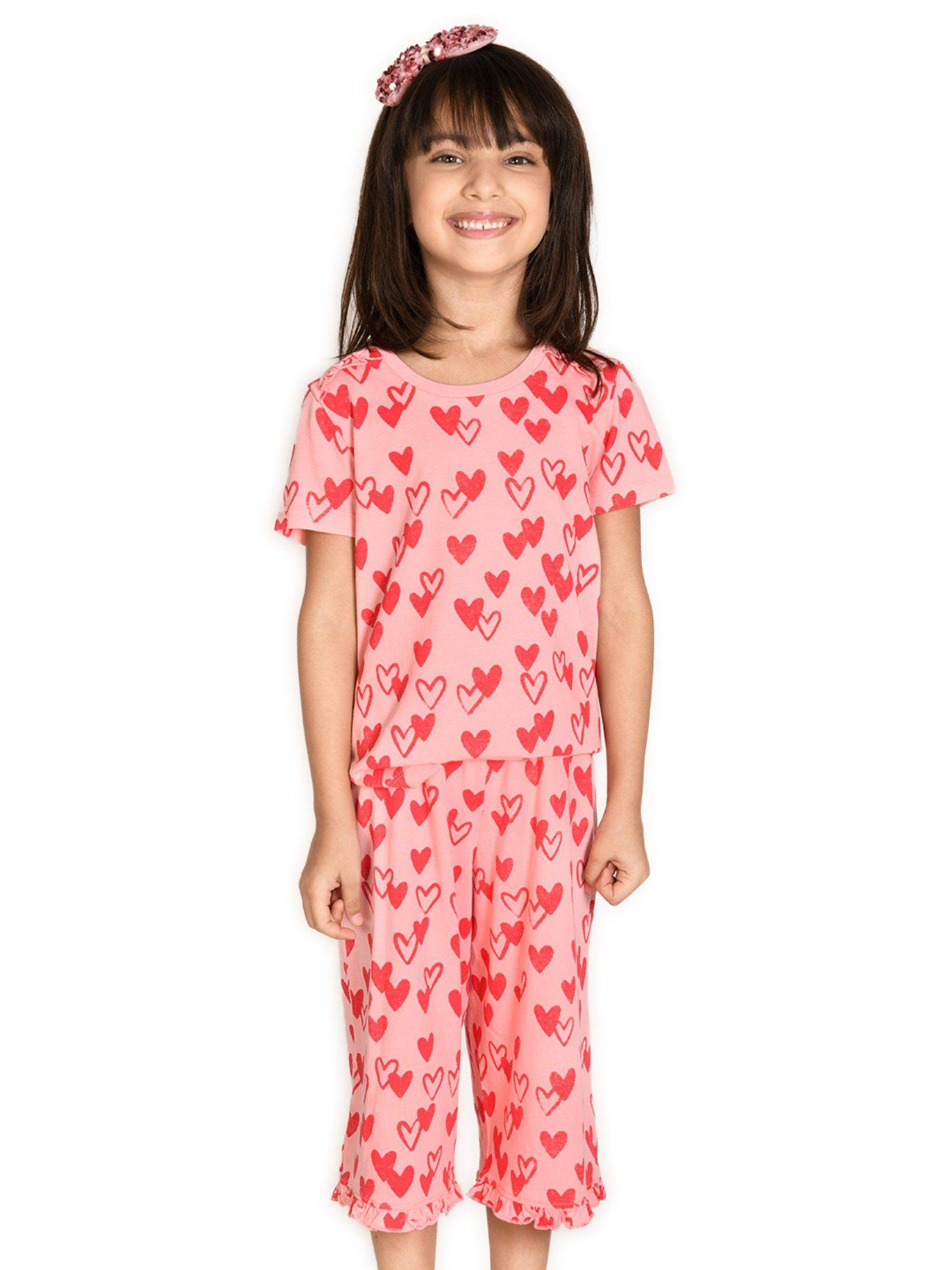 pink heart print new print red tshirt with pyjama (set of 2)