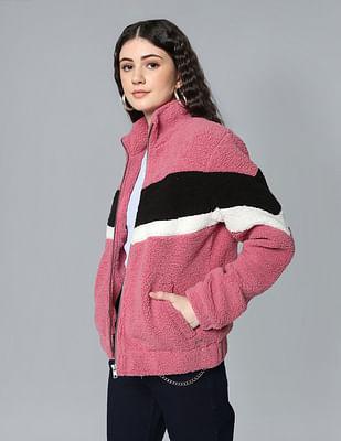 pink high neck striped faux fur jacket