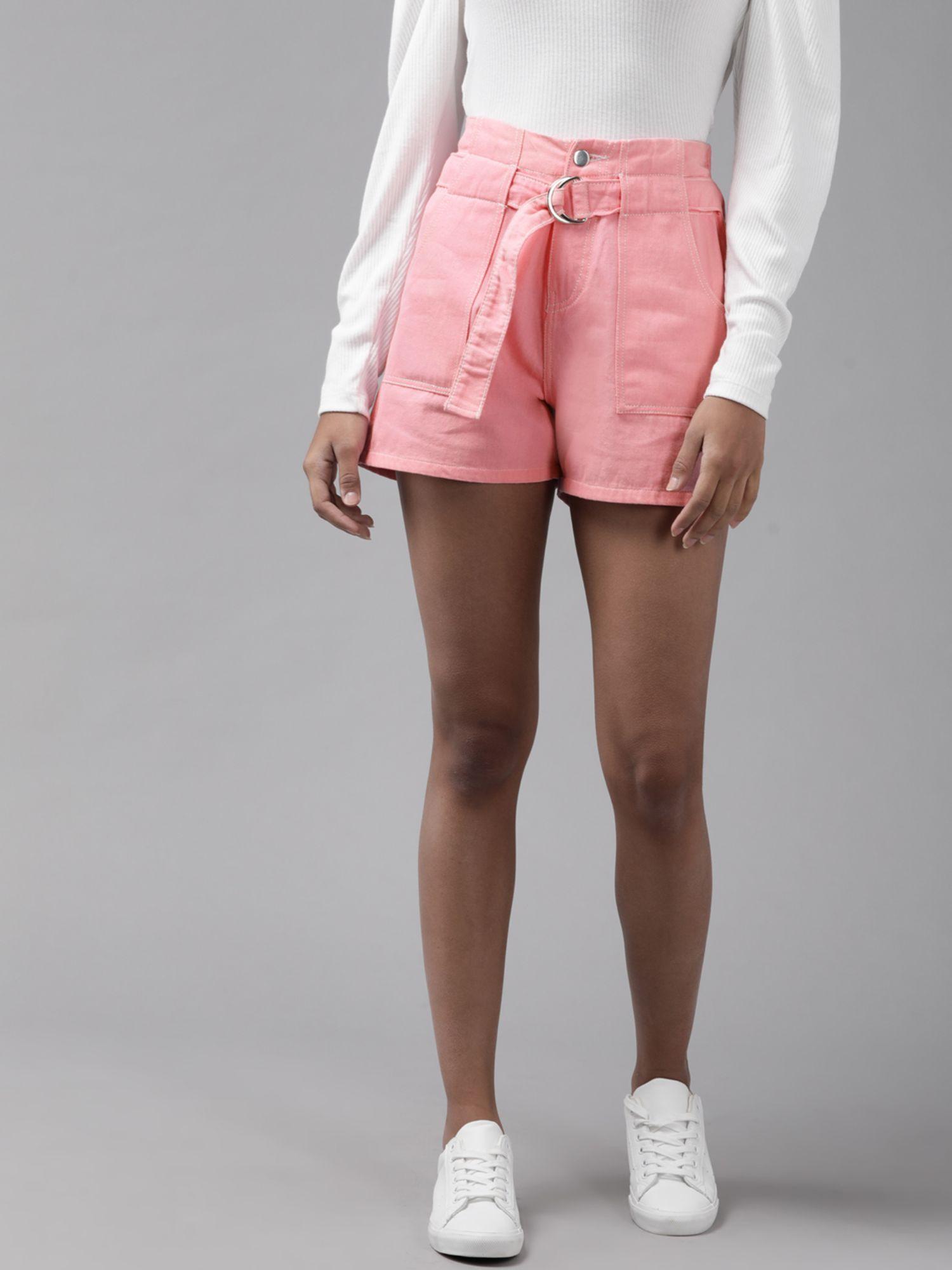 pink high-rise denim shorts