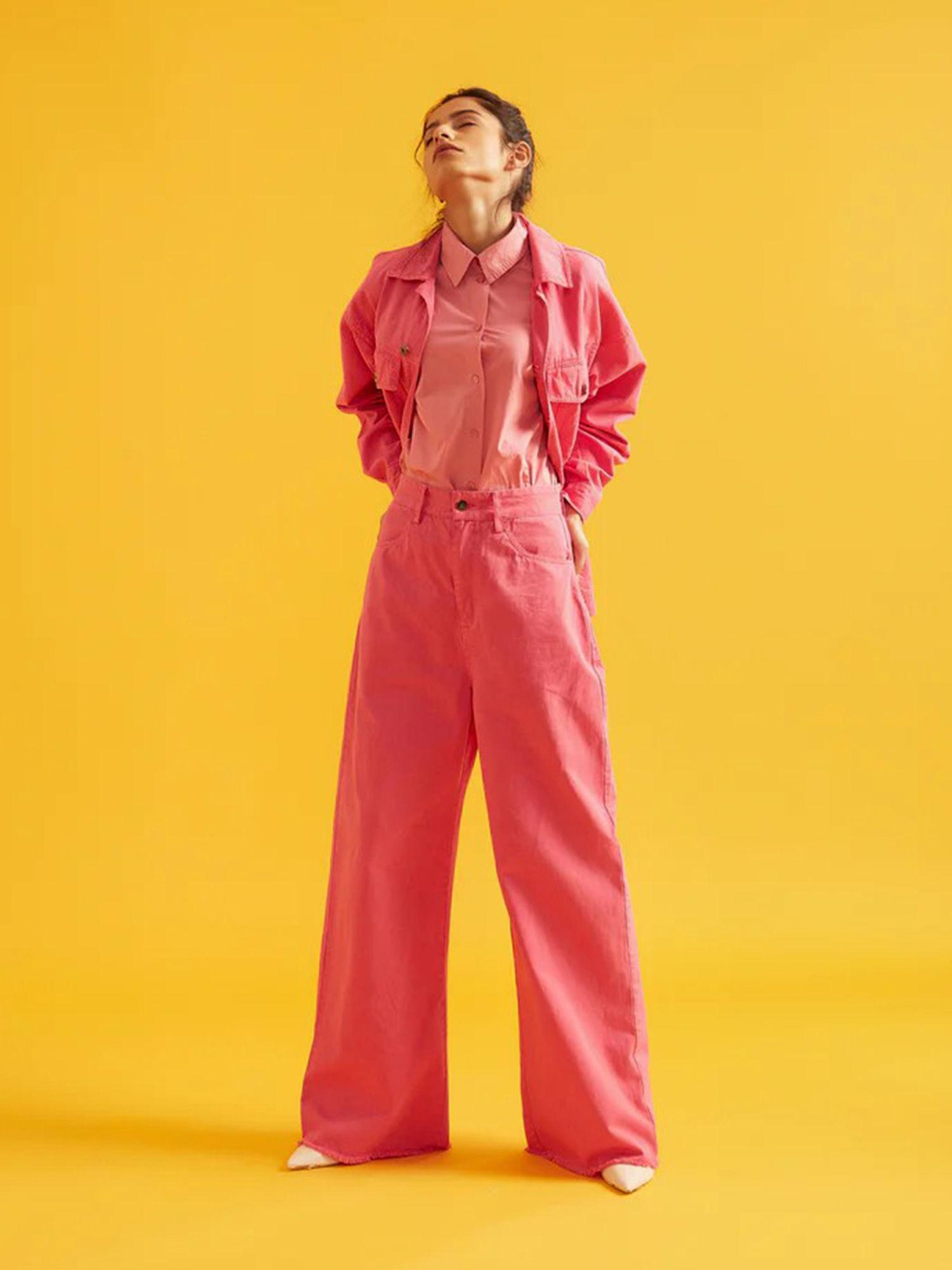 pink high rise flared twill pants for women