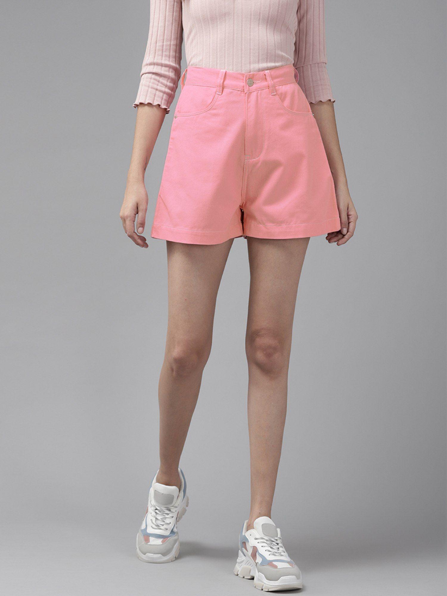 pink high-rise outdoor denim shorts