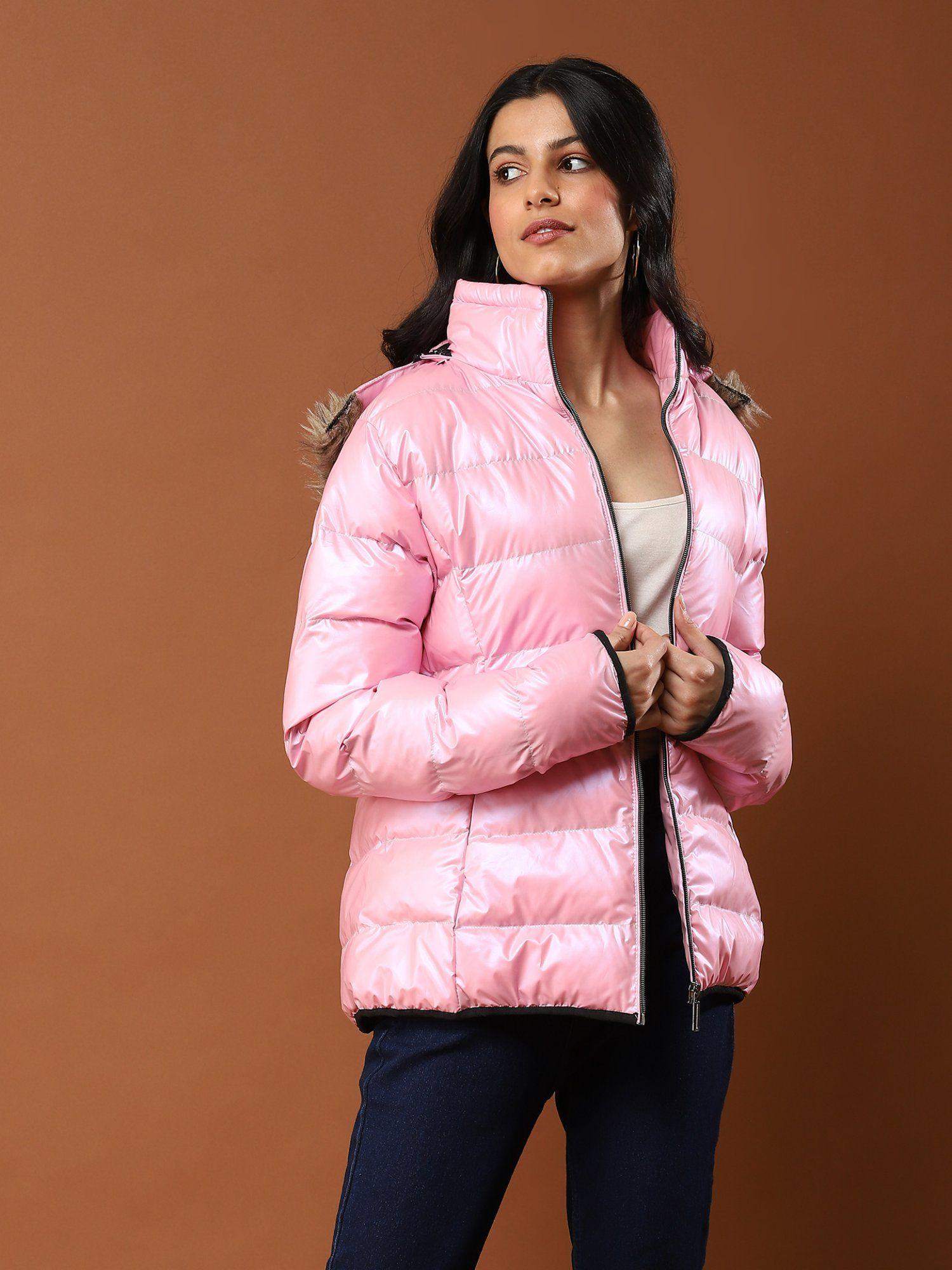 pink hooded puffer jacket