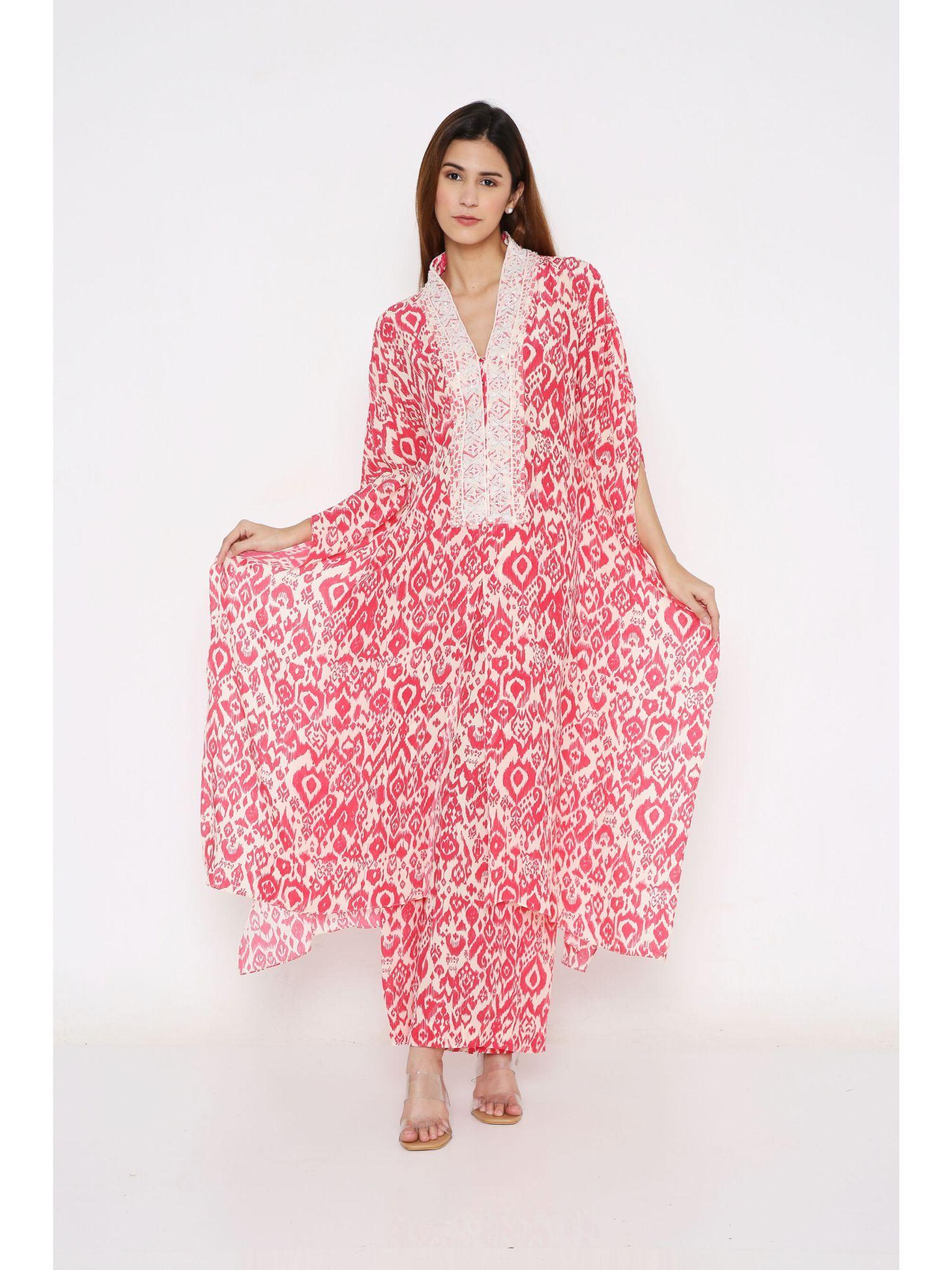 pink ikat crepe front slit kaftan with flared pants (set of 2)