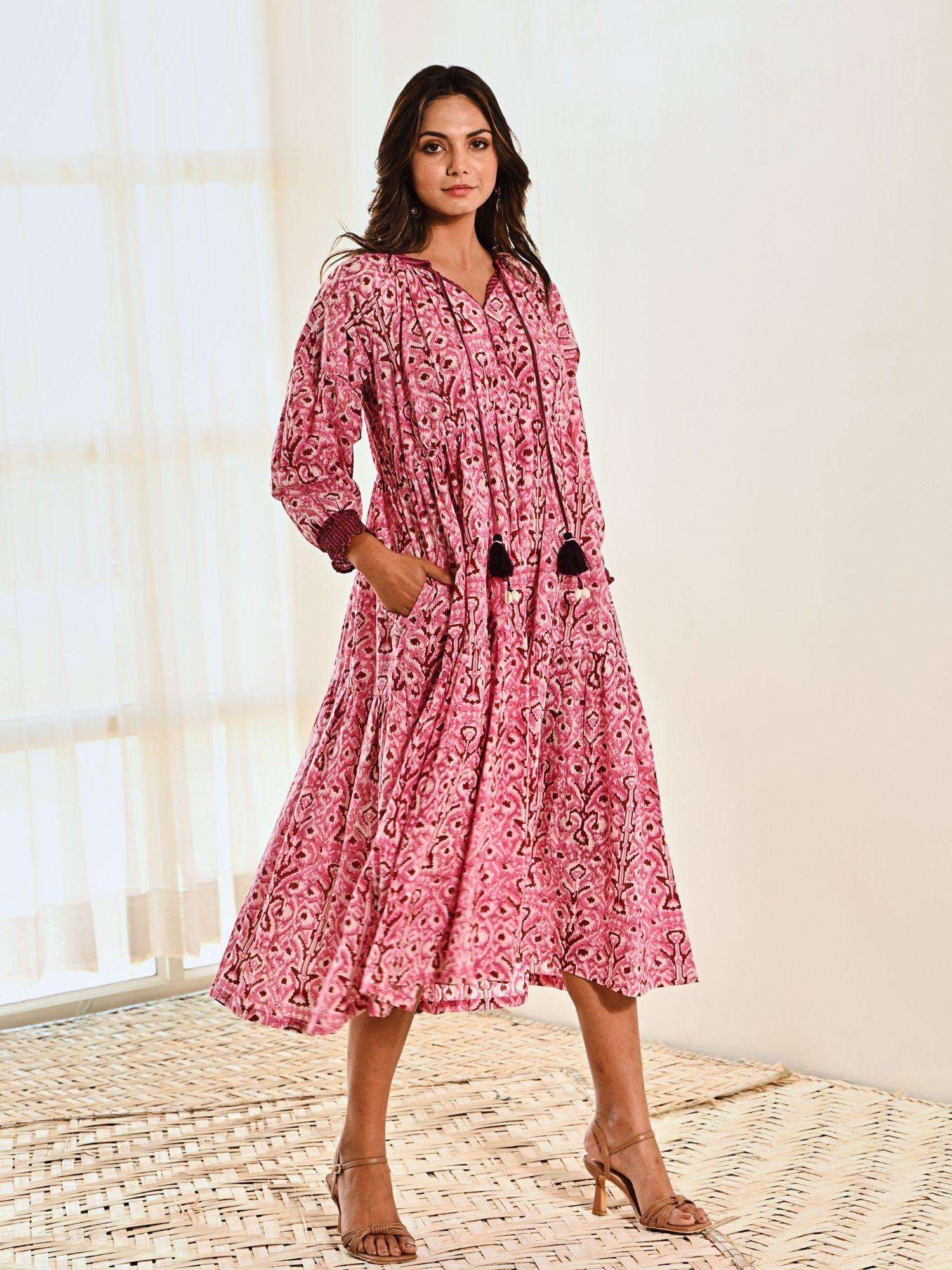 pink ikat print cotton midi dress