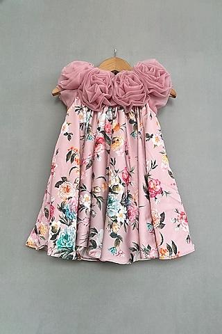pink imported satin floral printed dress for girls