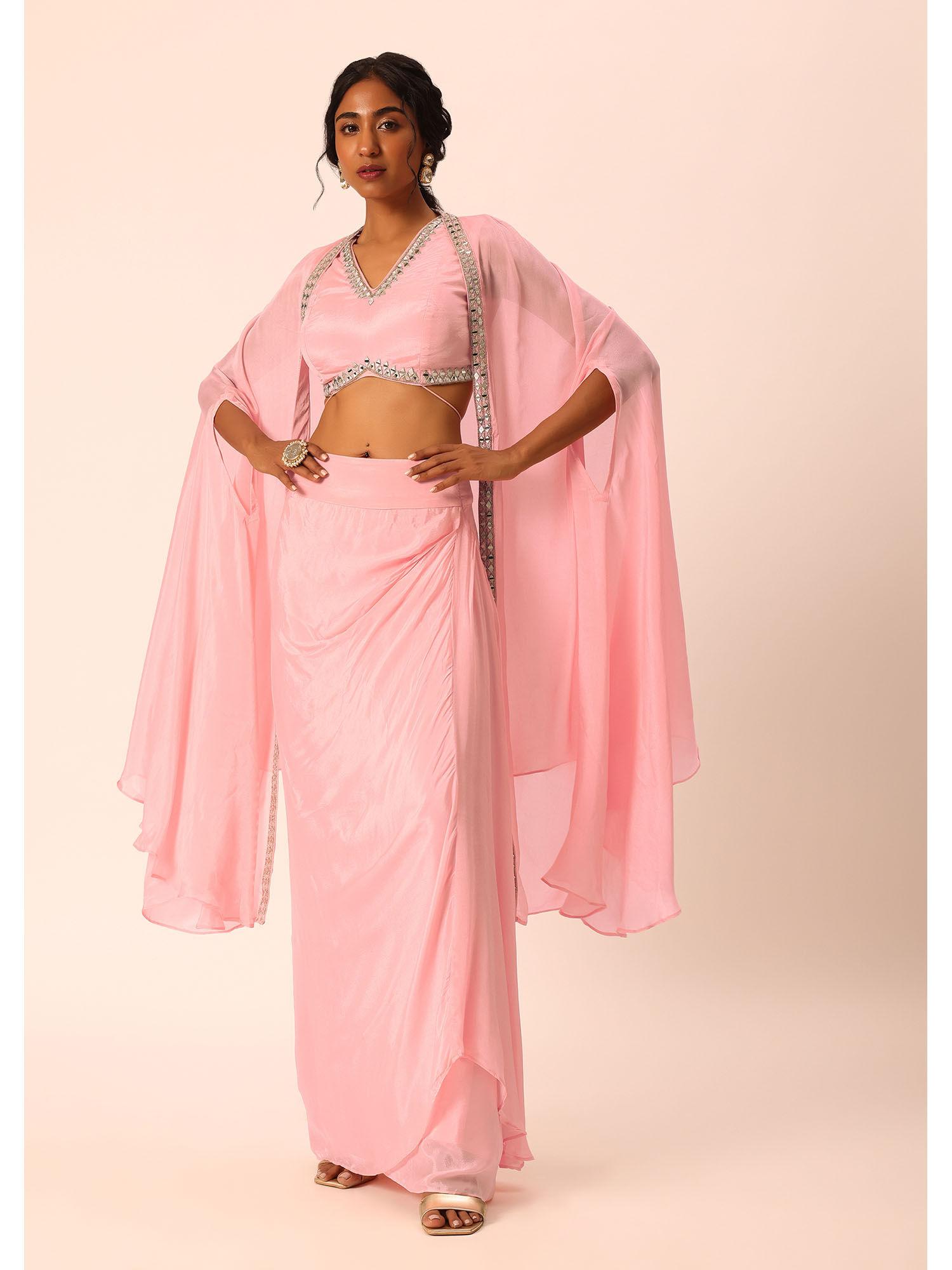 pink jacket and dhoti with mirror work (set of 3)