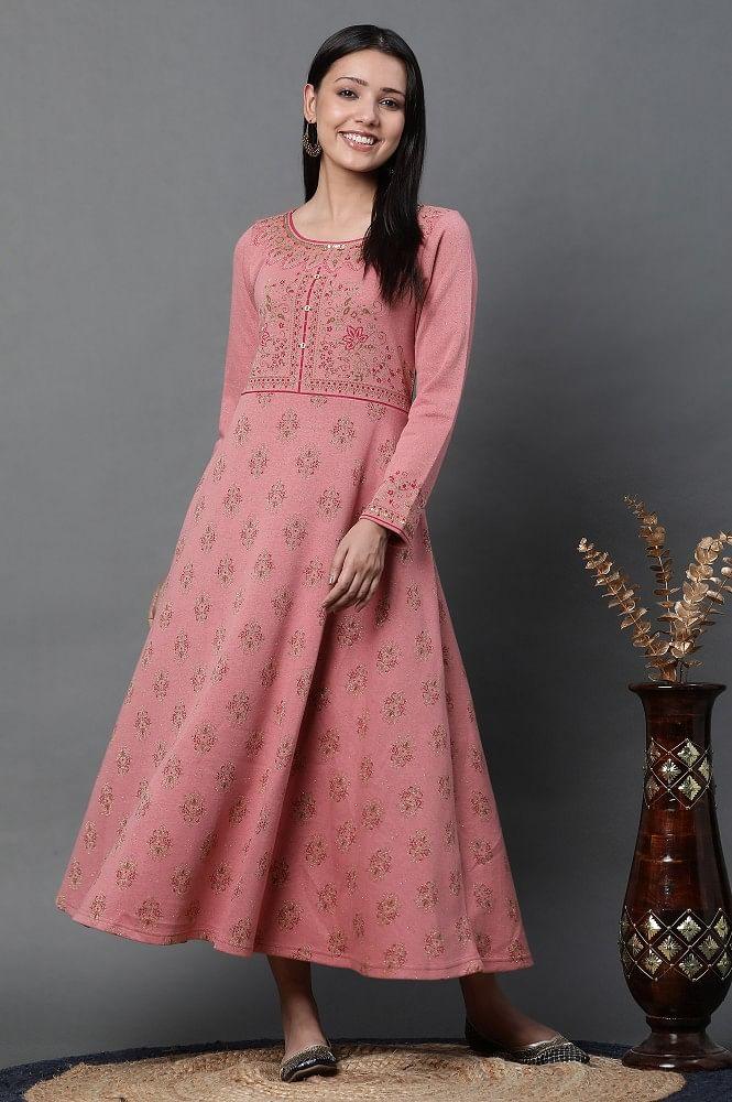 pink jacquard embellished winter dress