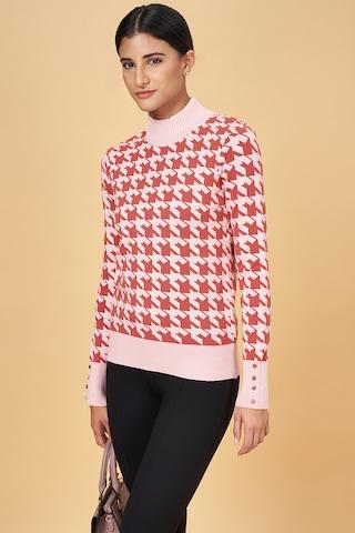 pink jacquard formal full sleeves high neck women slim fit  sweater