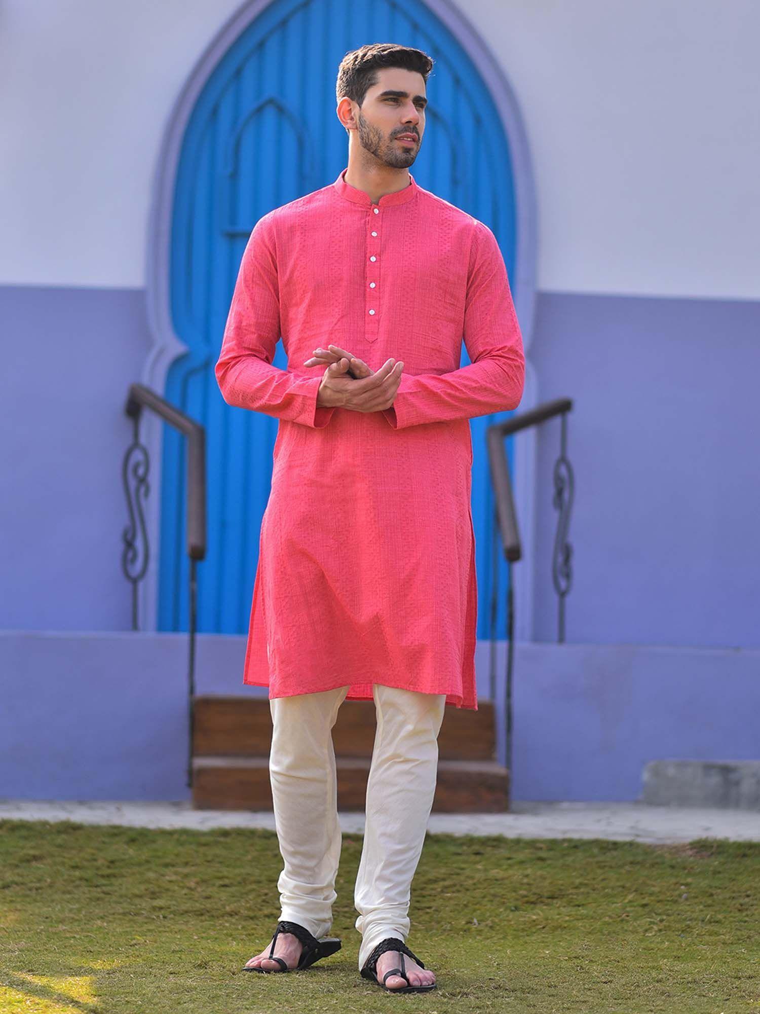 pink jacquard kurta with churidar (set of 2)