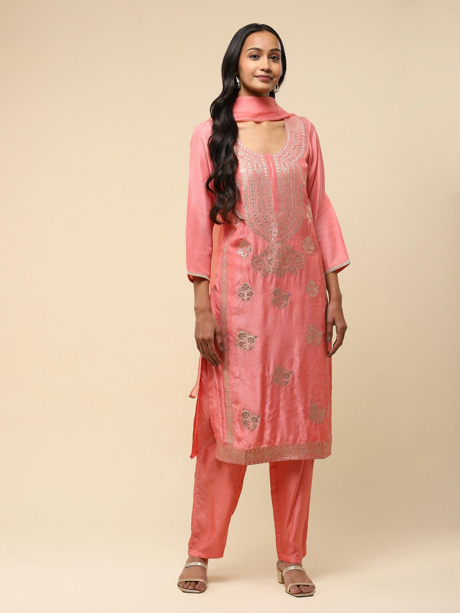 pink jacquard kurta with pant & dupatta (set of 3)