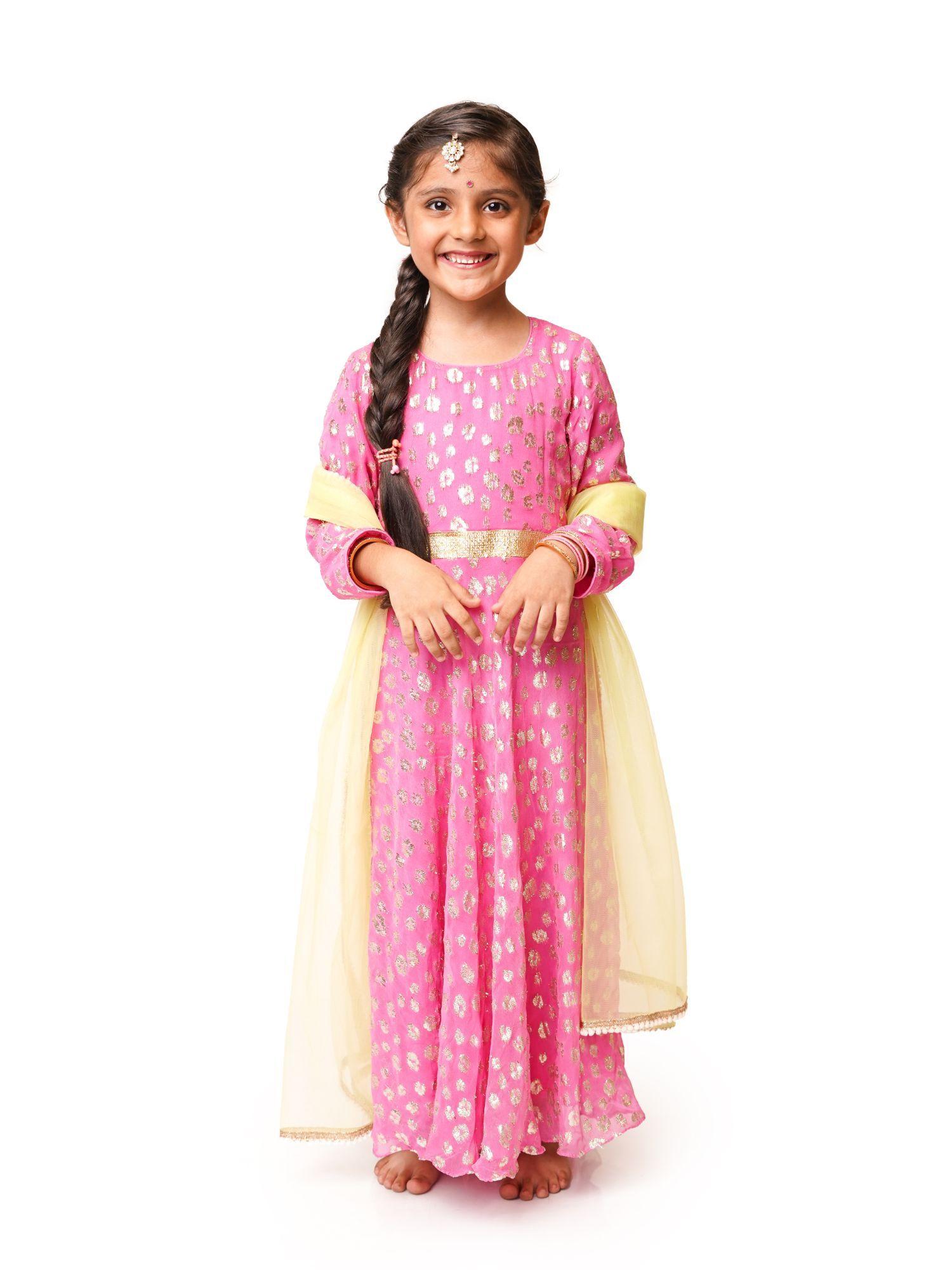 pink jacquard print georgette anarkali (set of 2)