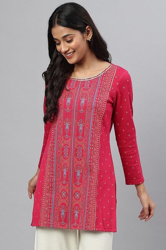 pink jacquard short kurta