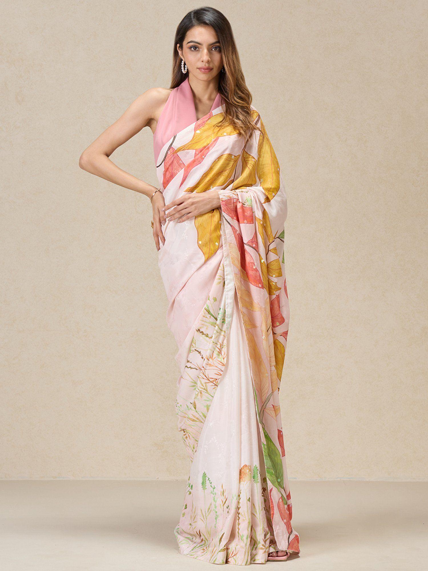 pink jacquard watercolor blooms print saree with unstitched blouse