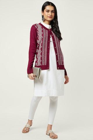 pink jacquard winter wear full sleeves round neck women regular fit cardigan