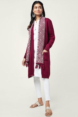 pink jacquard winter wear full sleeves women regular fit winter cape
