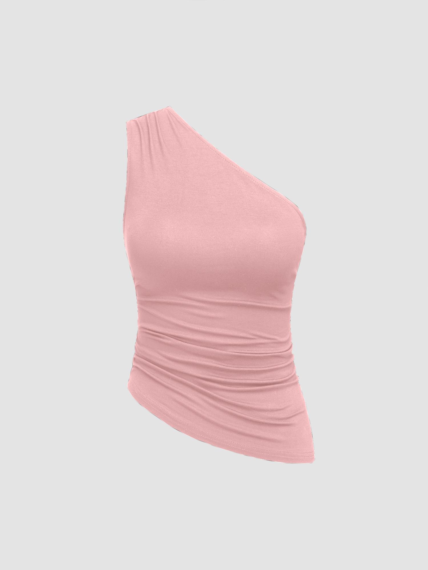 pink jersey asymmetrical neck solid top