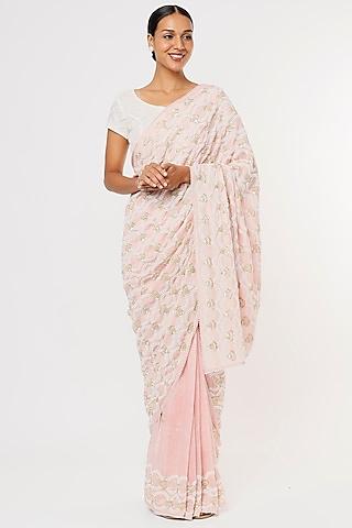 pink jute georgette embroidered saree set