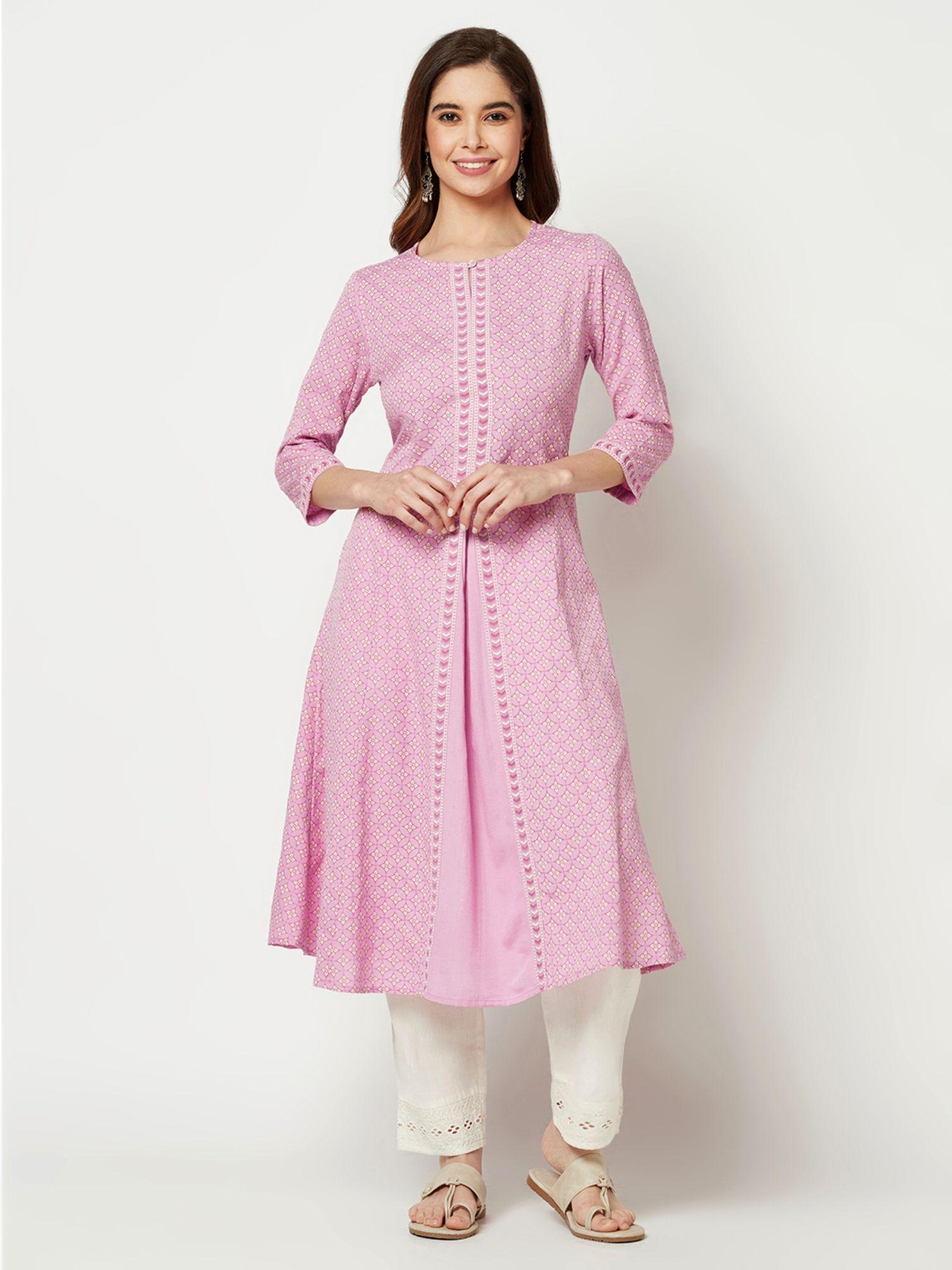 pink kaleidoscope print a line kurta