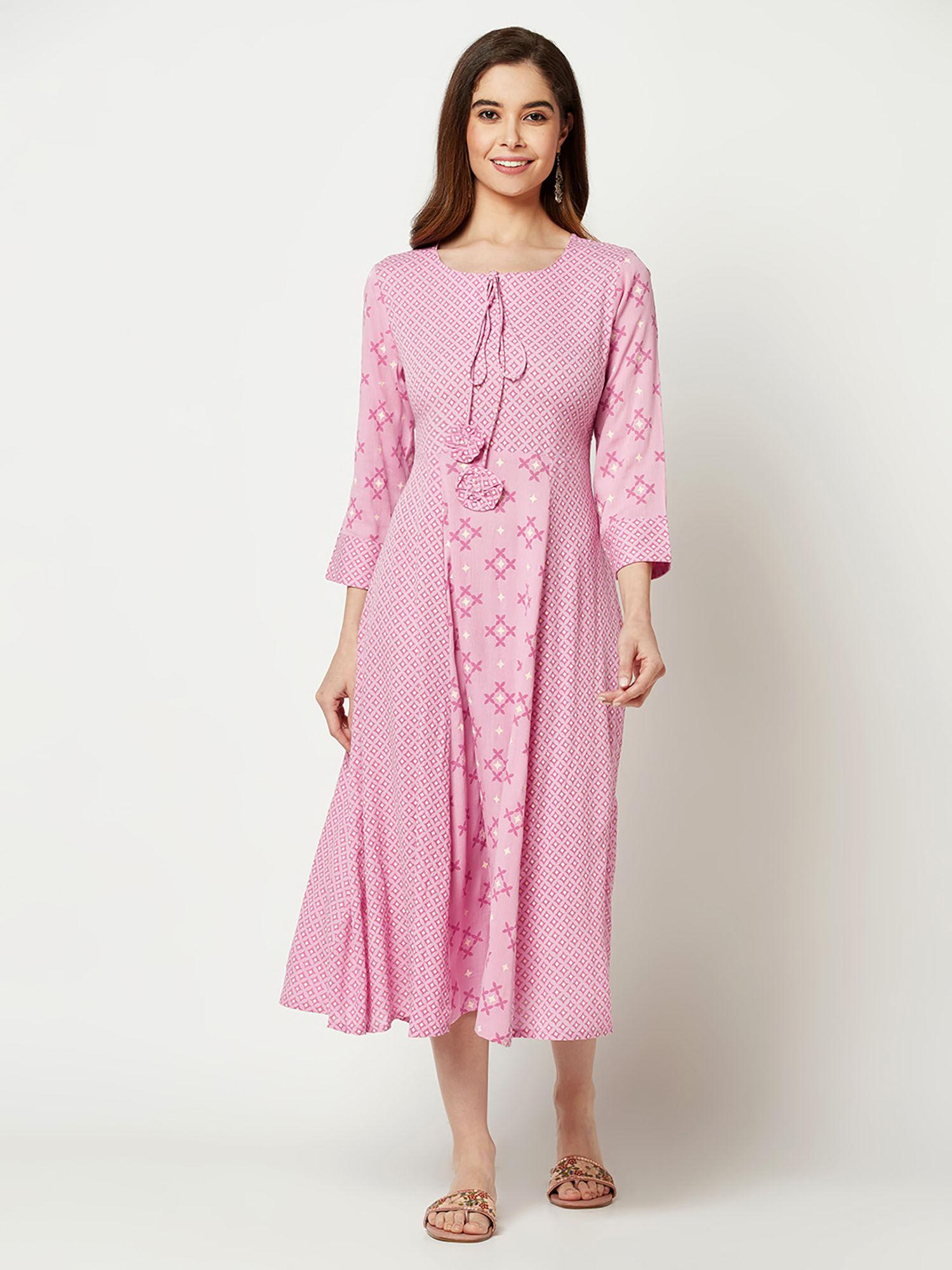 pink kaleidoscope print flared dress for women