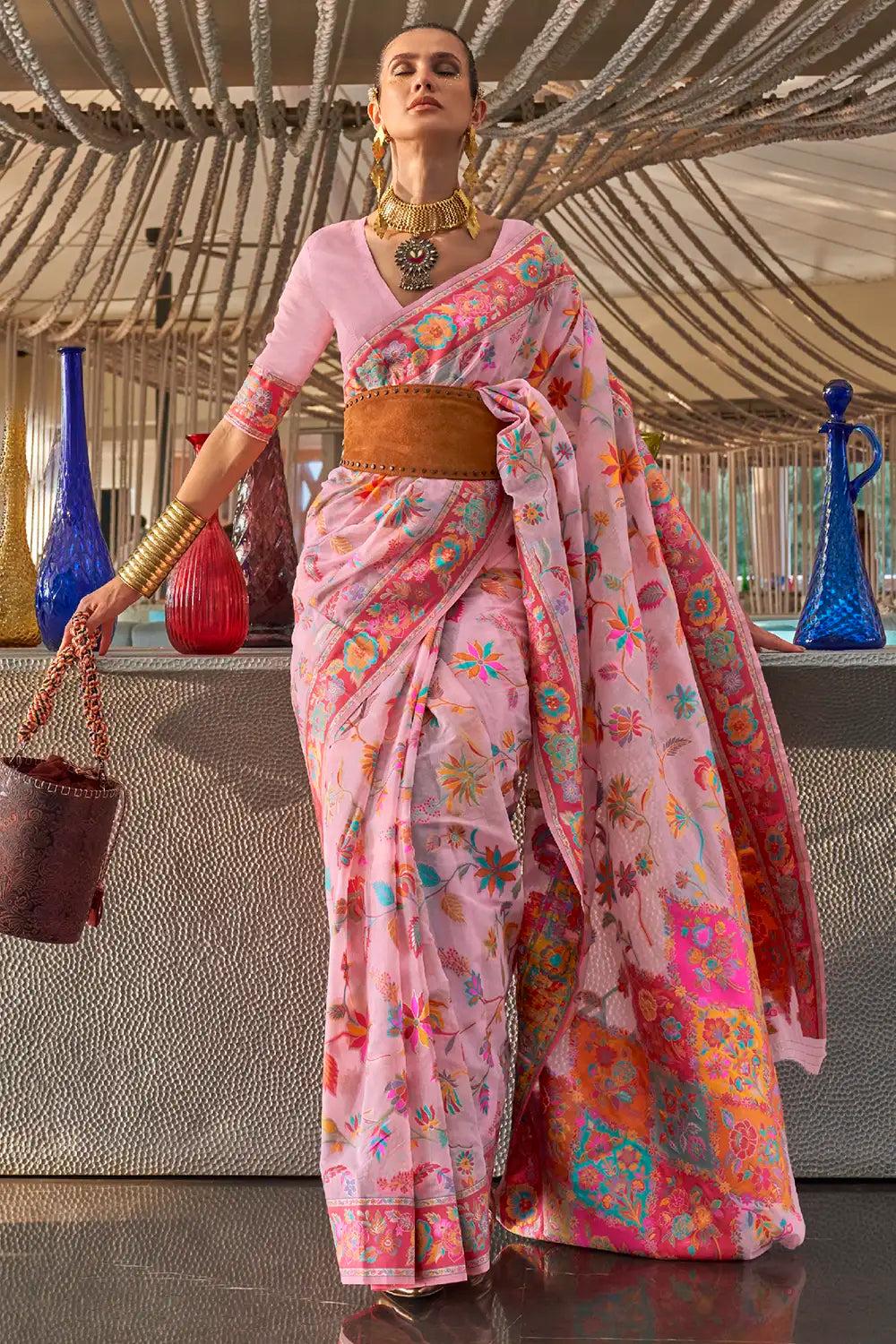 pink kashmiri modal handloom silk weaving saree