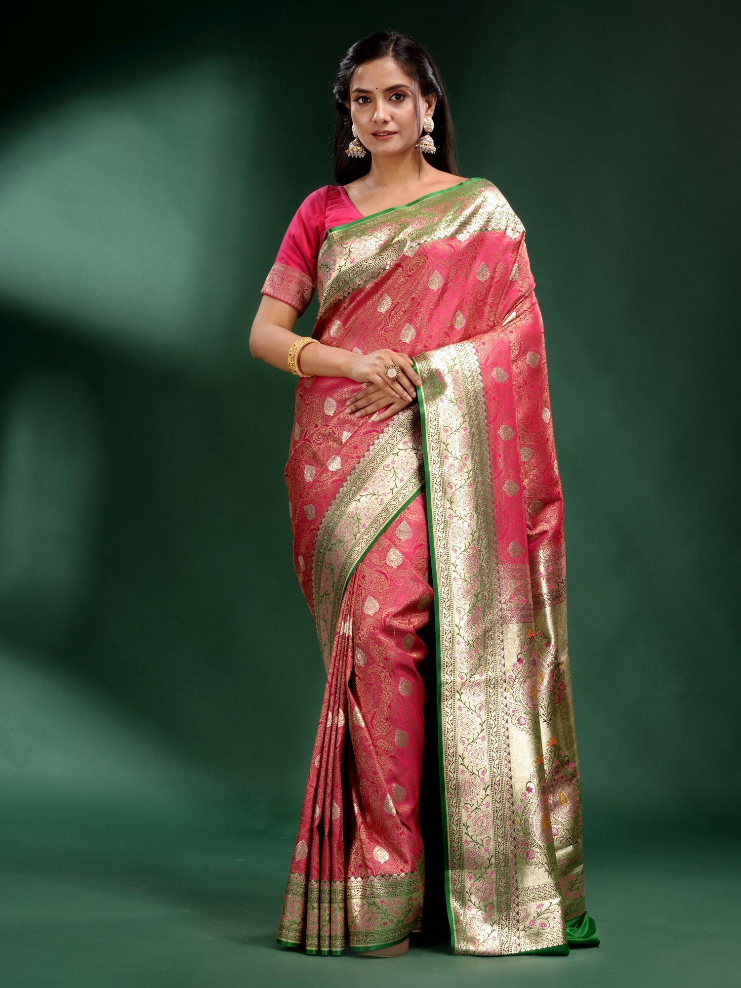 pink katan silk handwoven soft saree with unstitched blouse