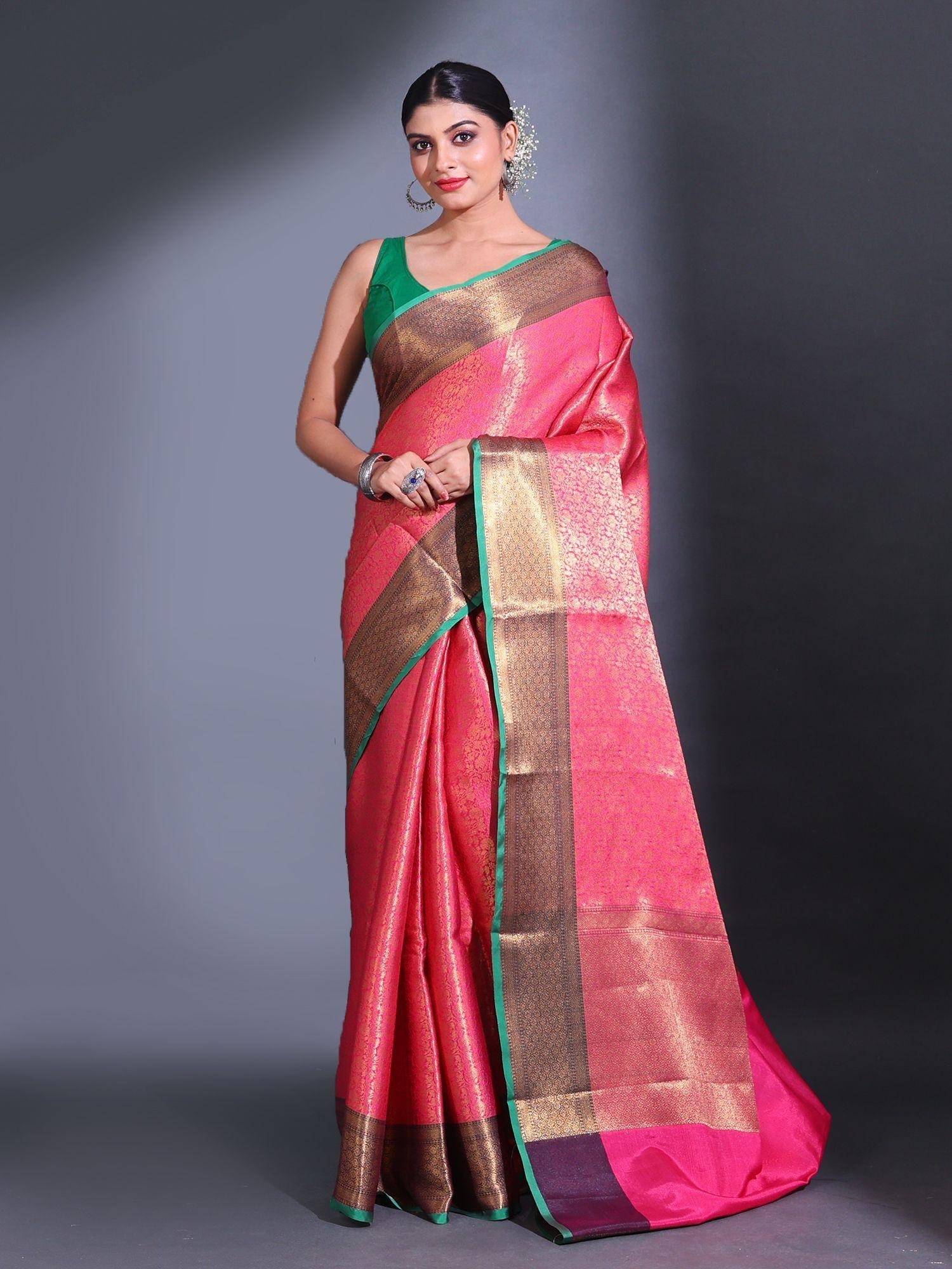 pink katan silk handwoven zari floral nakshi pattern saree with unstitched blouse