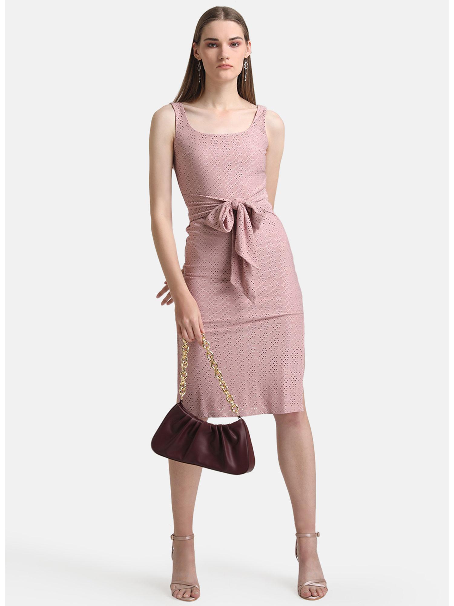 pink knitted schiffli knee length dress