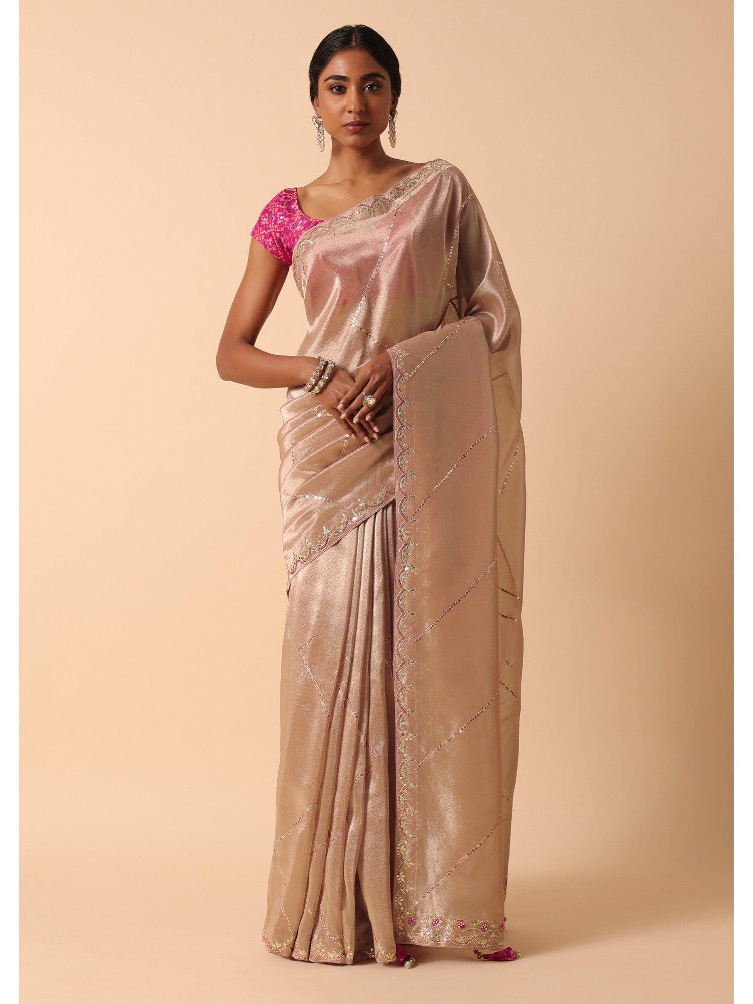 pink kora silk embroidered pre-draped saree & unstitched blouse