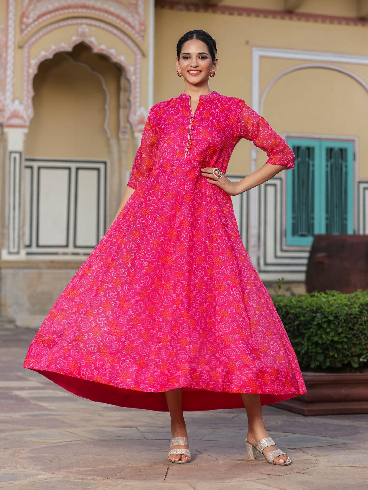 pink kota doria bandhani print anarkali ethnic dress