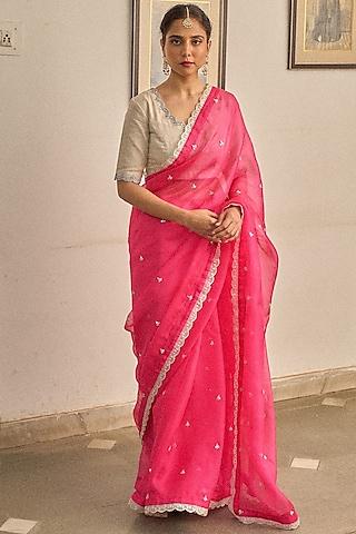 pink kota silk cutdana hand & machine embroidered saree set