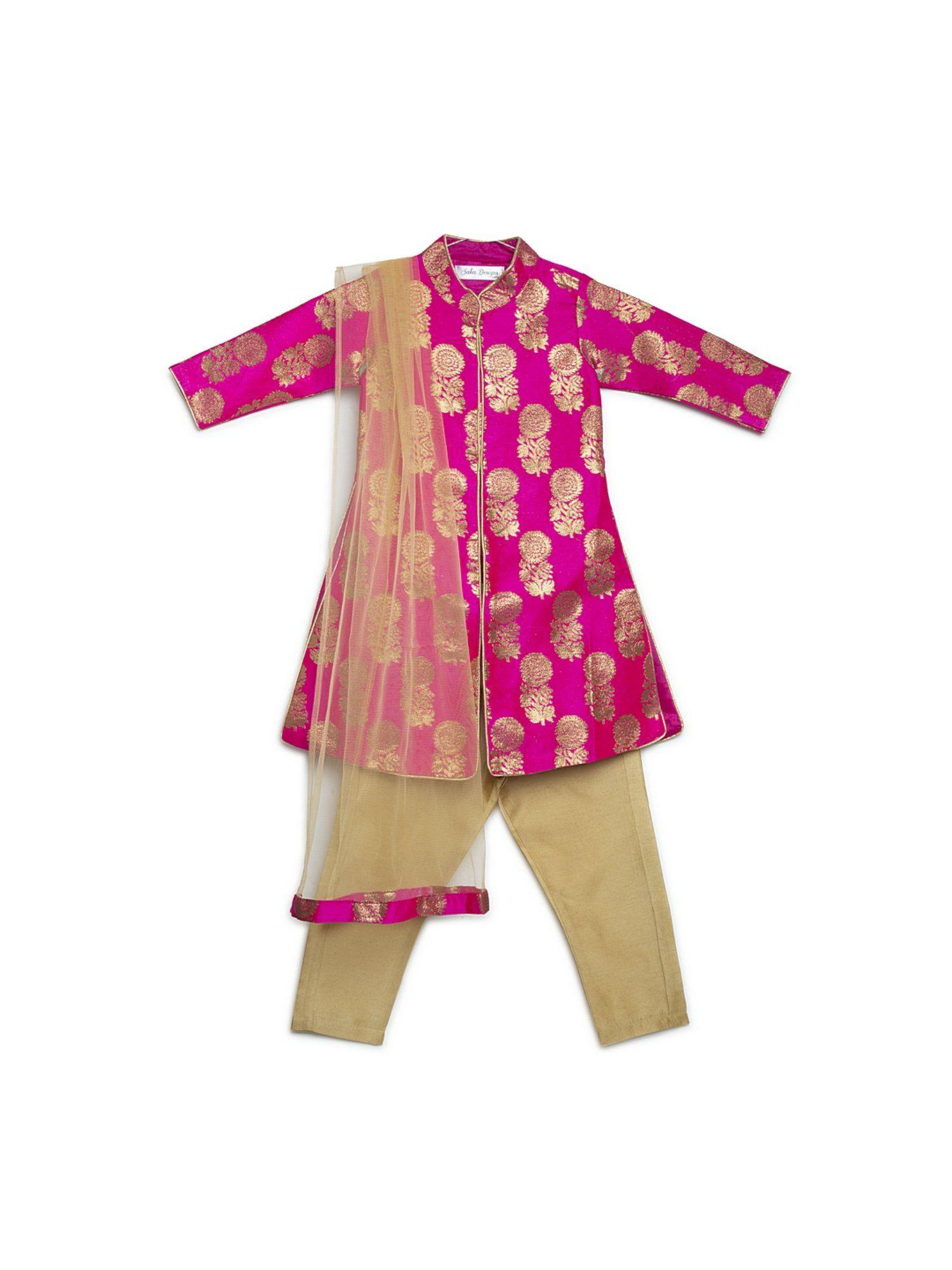 pink kurta in jacquard with gold pants and dupatta (set of 3)