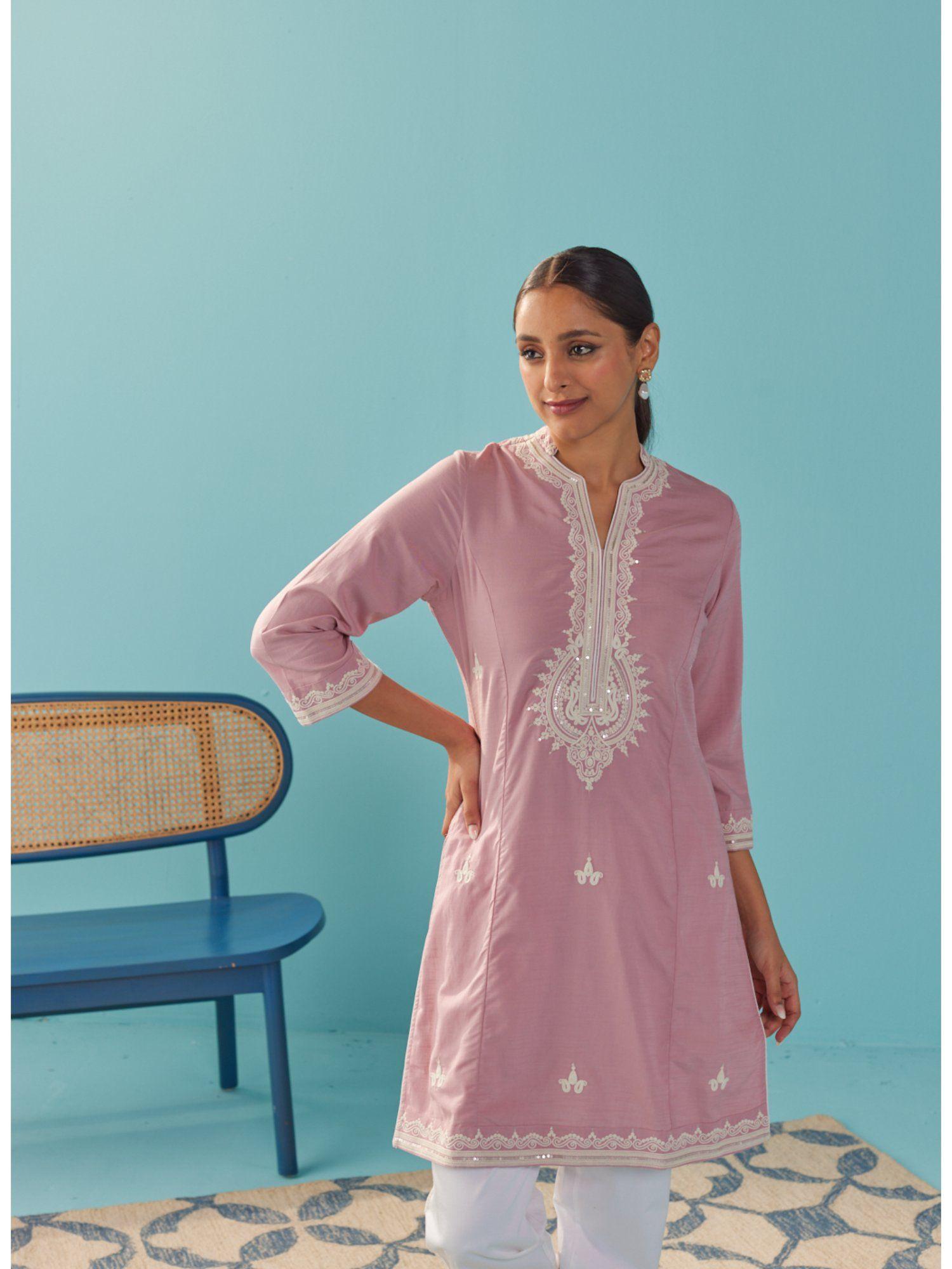 pink kurti with dori embroidery & sequins work