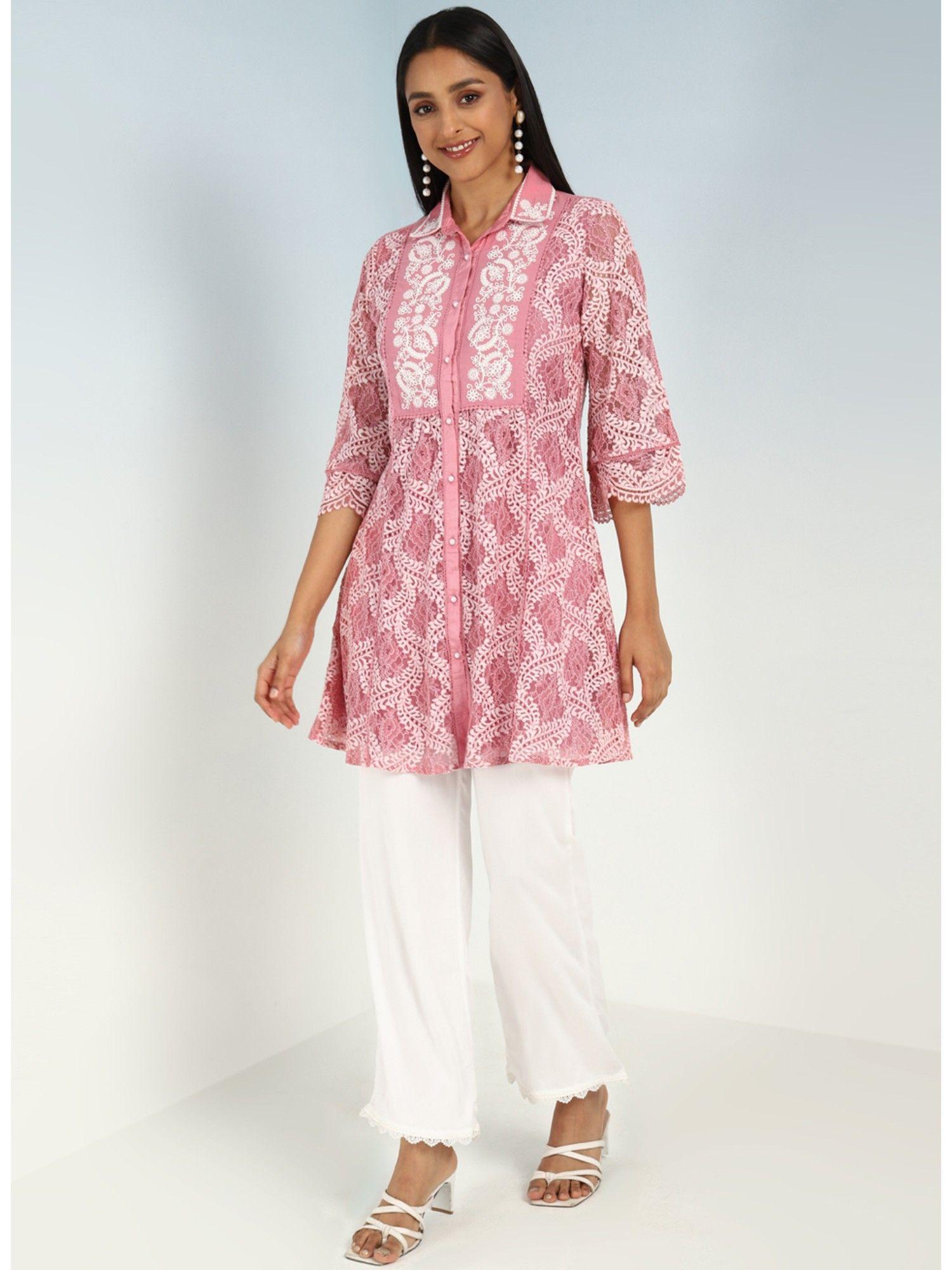 pink lace collared tunic for women