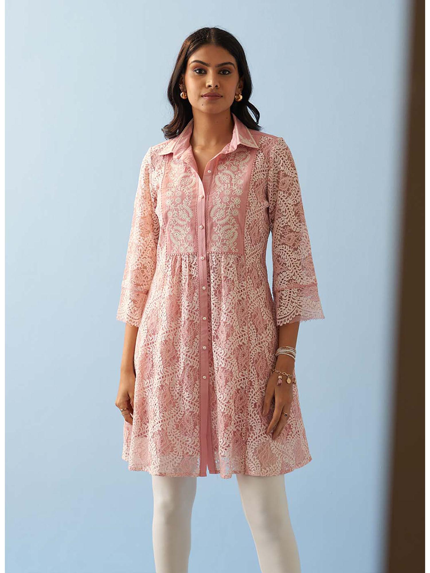 pink lace collared tunic for women