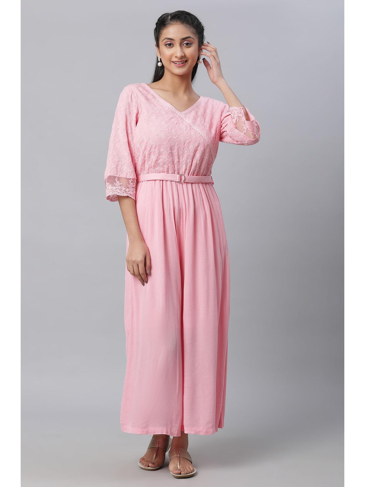 pink lace detailed jumpsuit in rayon crepe (set of 2)