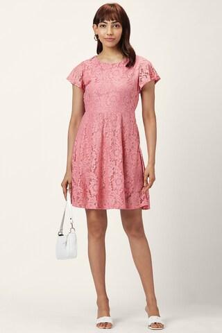 pink lace pattern round neck casual thigh-length short sleeves women slim fit dress