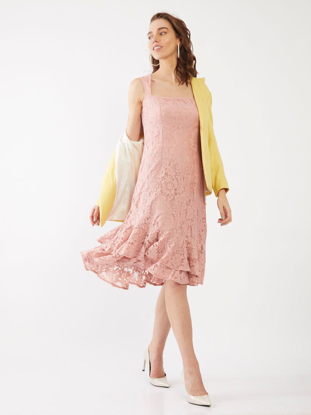 pink lace ruffled midi dress for women