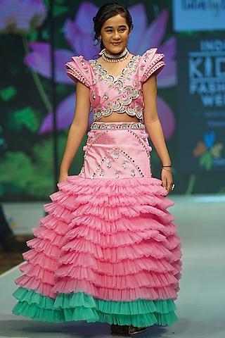 pink layered lehenga set for girls