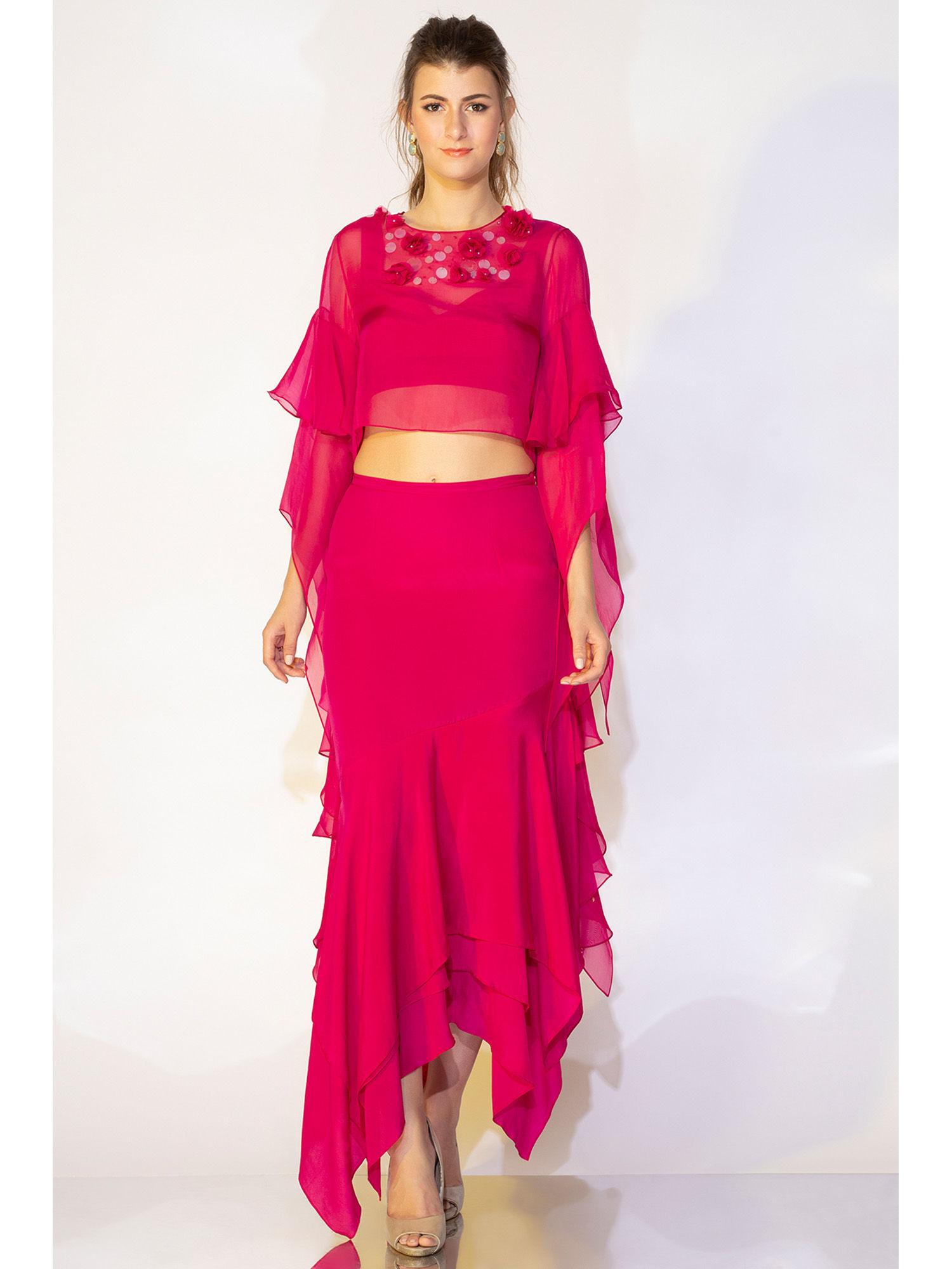 pink layered skirt set with cape (set of 3)